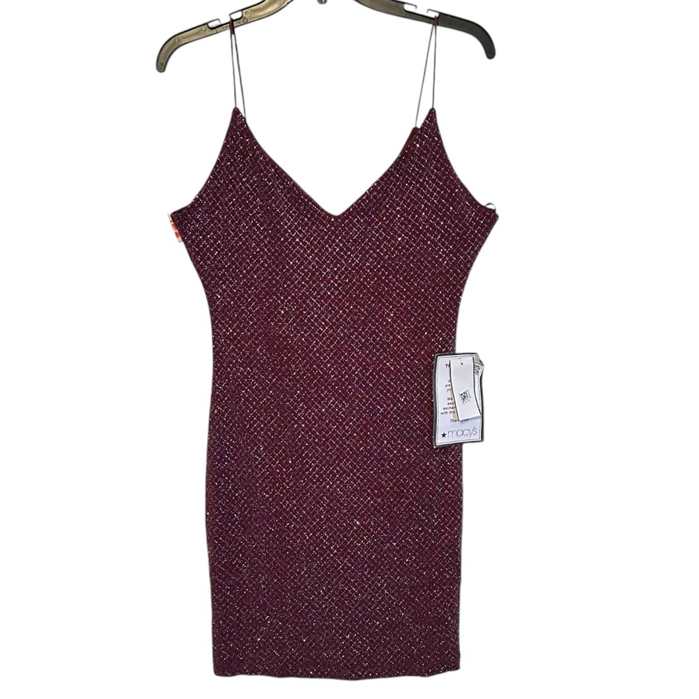 Red Burgundy Glitter Sparkly NYE Spaghetti Straps Above the Knew Mini Dress